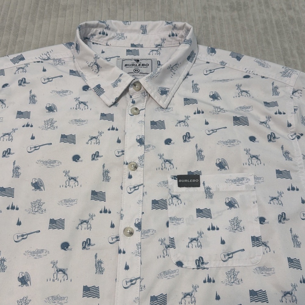 Burlebo Mens XL Texas Print Short Sleeve Button Down Shirt Cream Performance - Picture 2 of 8